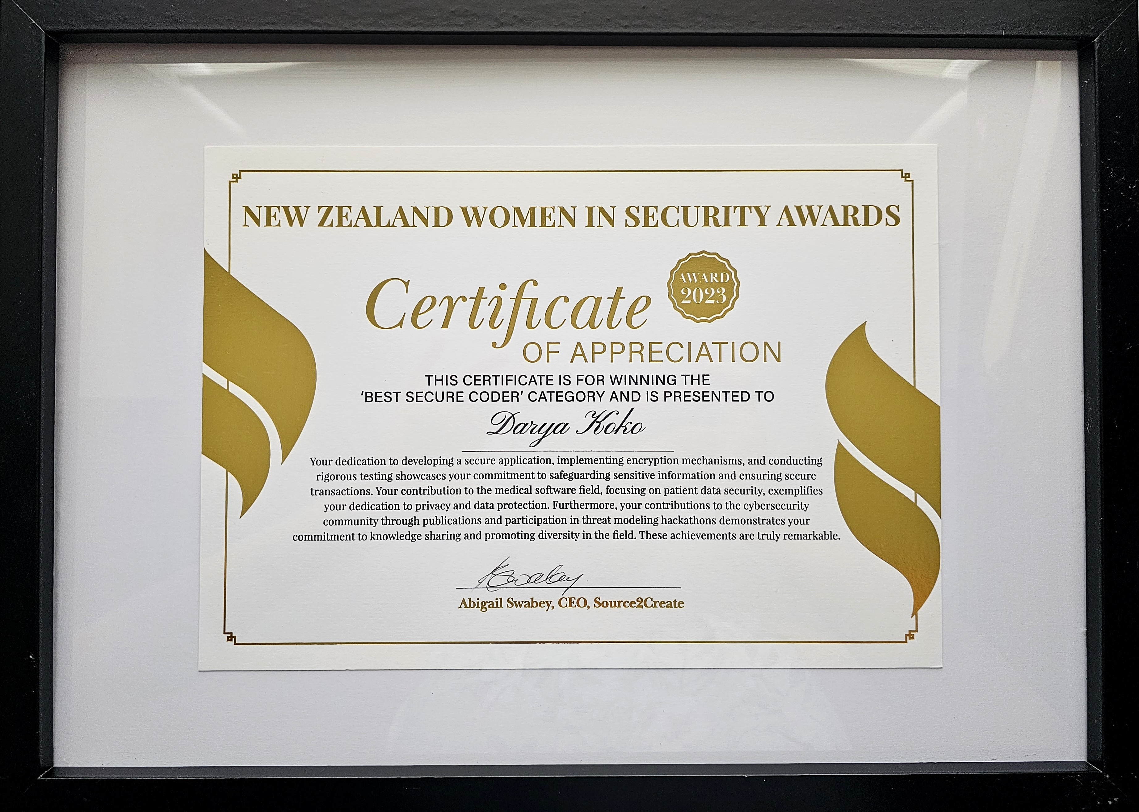 Certificate of Appreciation — NZ Women in Security Awards 2023