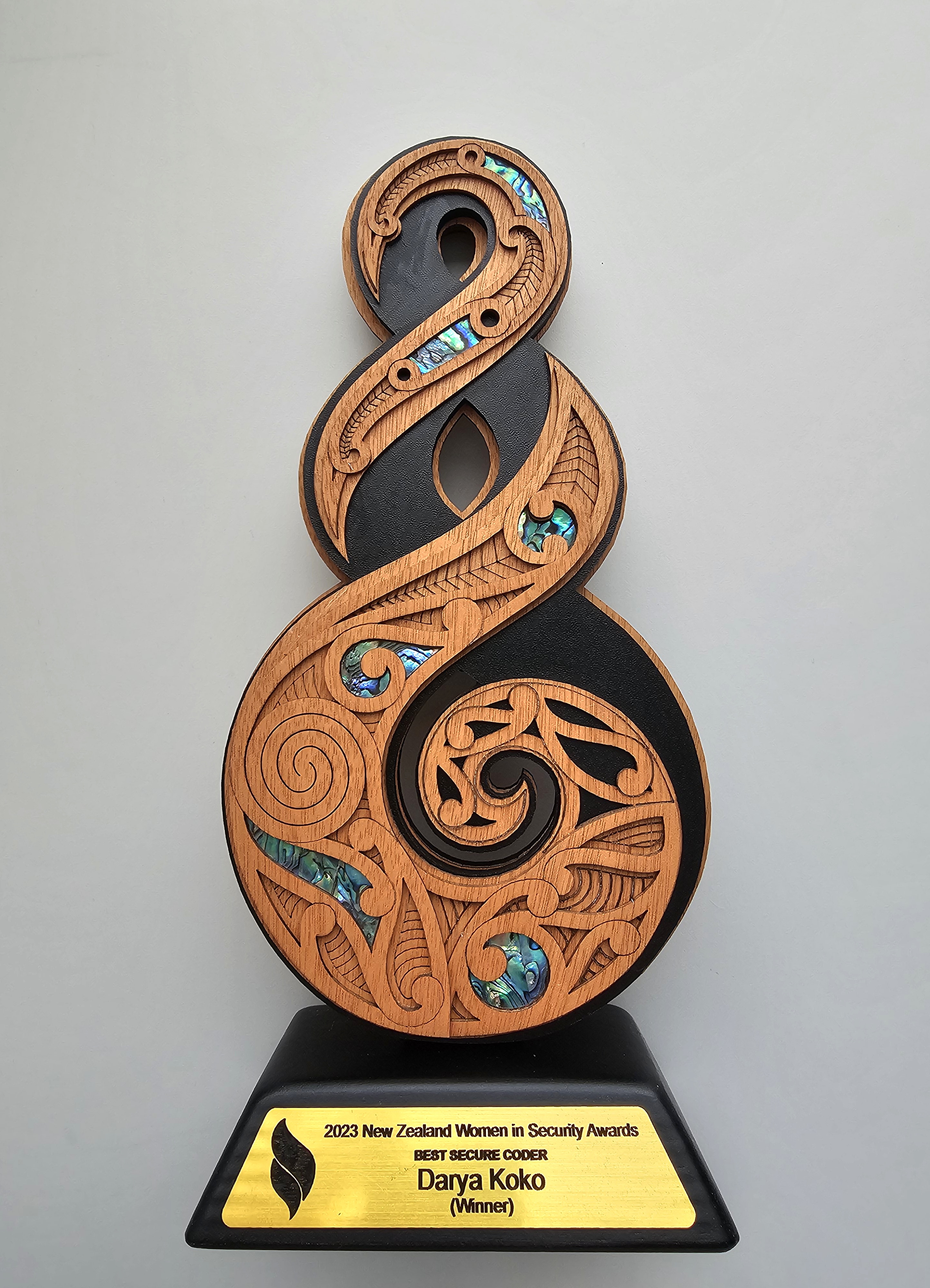 Best Secure Coder Award trophy — NZ Women in Security Awards 2023